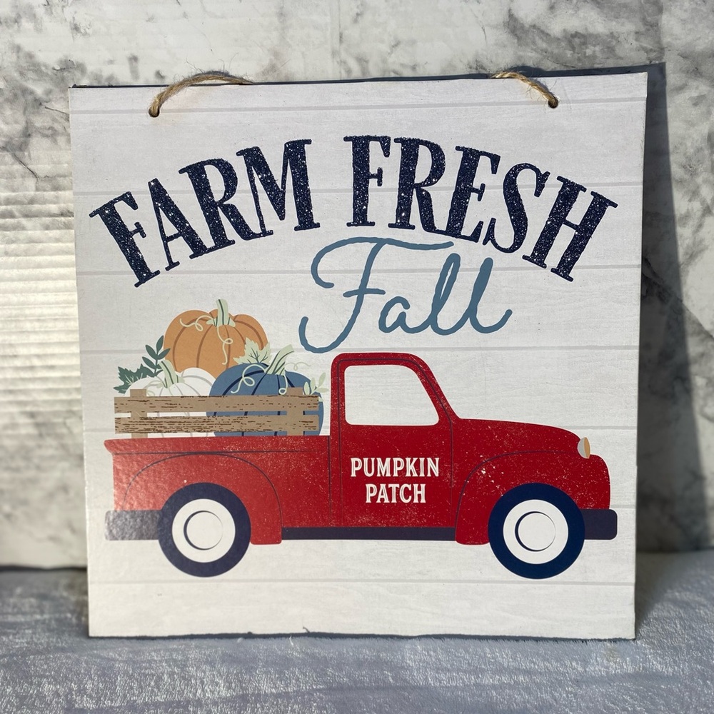 NWT Classic Red Truck Farm Fresh Fall Hanging Sign with Sparkly Accents